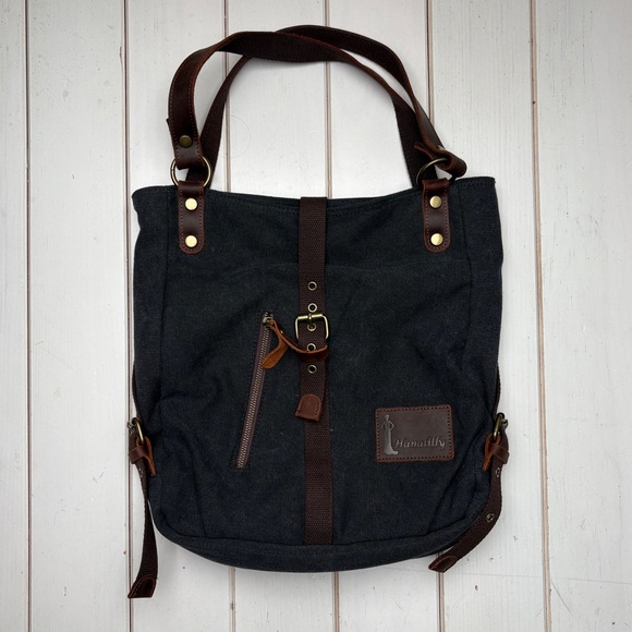 Canvas Tote/Convertible Backpack with Leather Accents - Picture 5 of 11